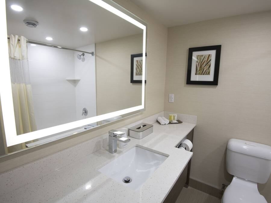 A modern bathroom with a large mirror, a sink, a toilet, and framed artwork on the wall.