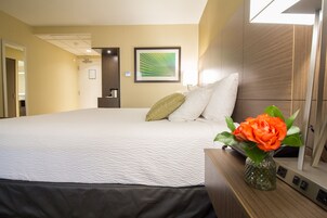 Premium bedding, pillowtop beds, desk, blackout drapes