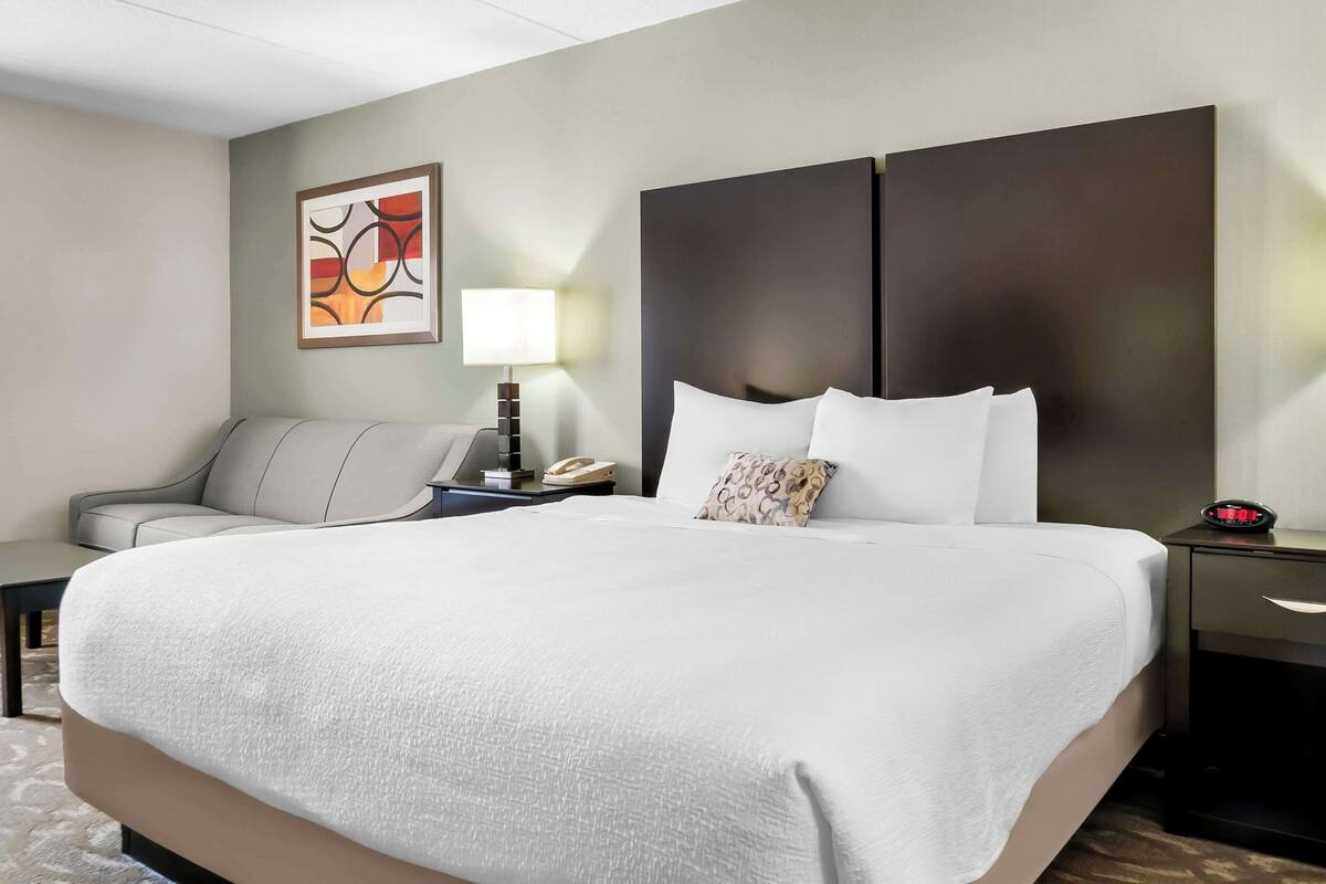 Een hotelkamer met een groot bed, een nachtkastje met een lamp, een stoel en een wanddecoratie.