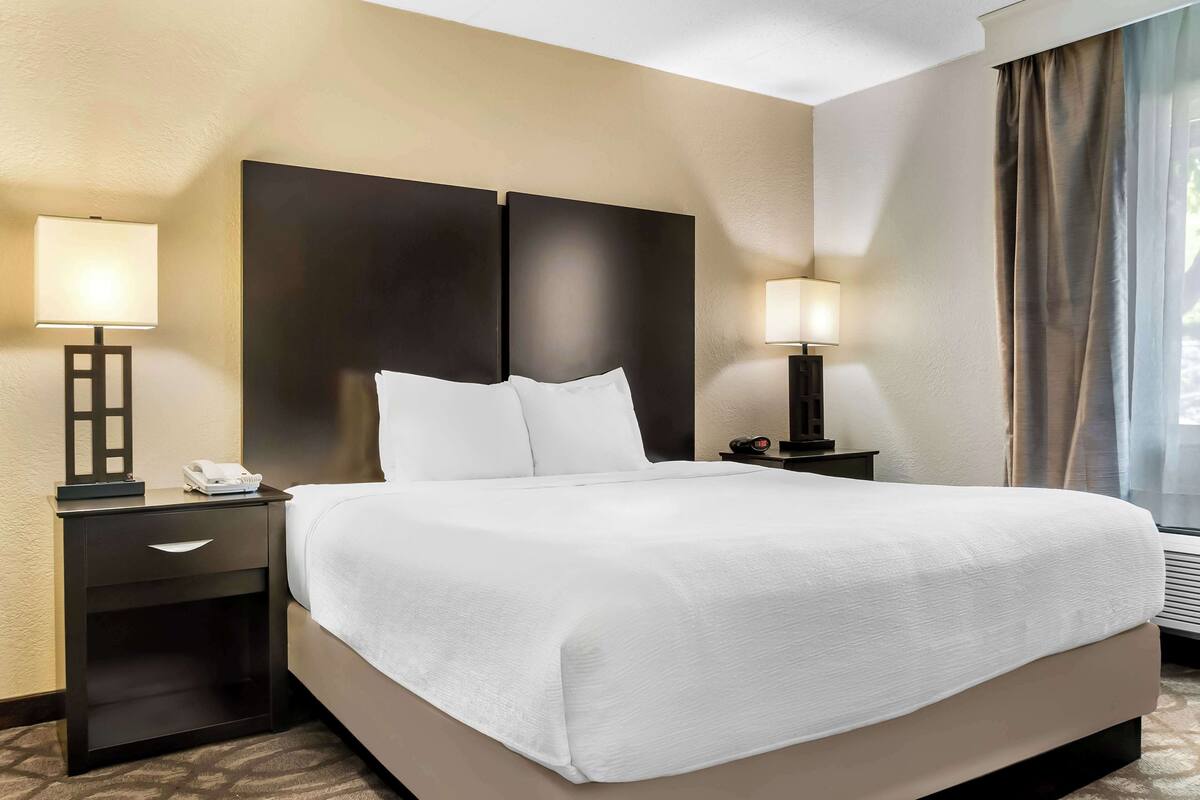 Een hotelkamer met een groot bed, twee nachtkastjes met lampen, een nachtkastje en een raam met gordijnen.