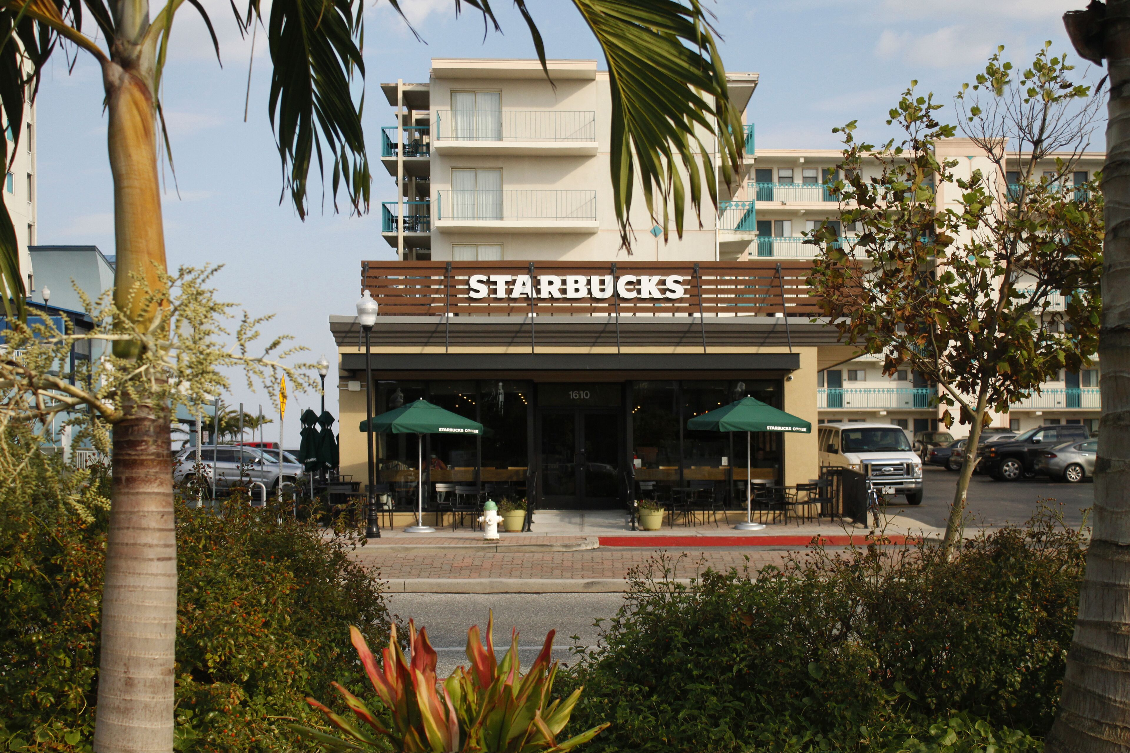 Starbucks-kahvila, jossa on ulkotila, paloposti ja etualalla palmu.