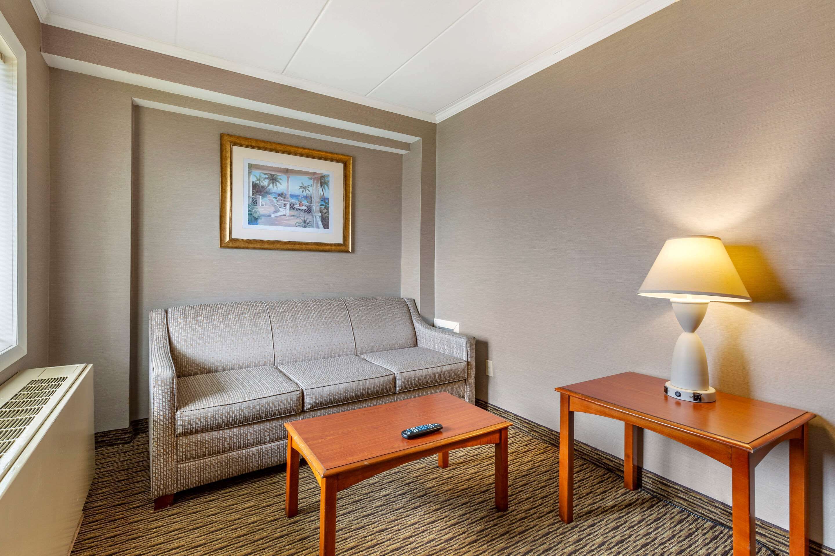A hotel room with a sofa, a wooden coffee table, a lamp, and a framed picture on the wall.