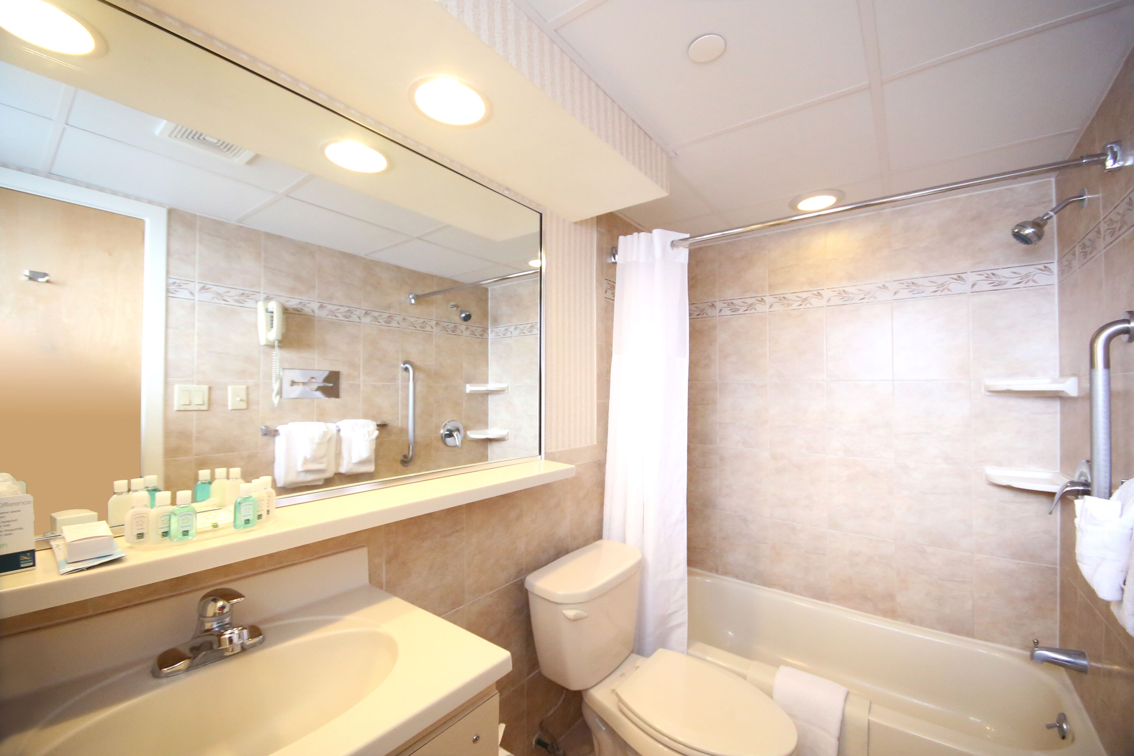 Combined shower/tub, free toiletries, hair dryer, towels