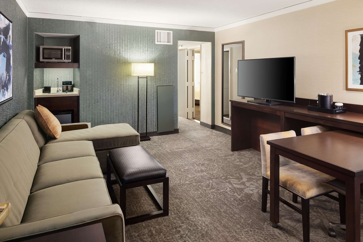 Habitación de hotel con sofá, mesa de comedor con sillas, televisión, microondas y una pequeña zona de kitchenette.