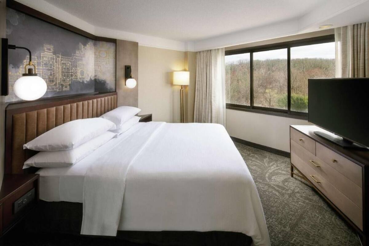 Habitación de hotel con una cama grande, televisión, escritorio y ventana con vistas a árboles.