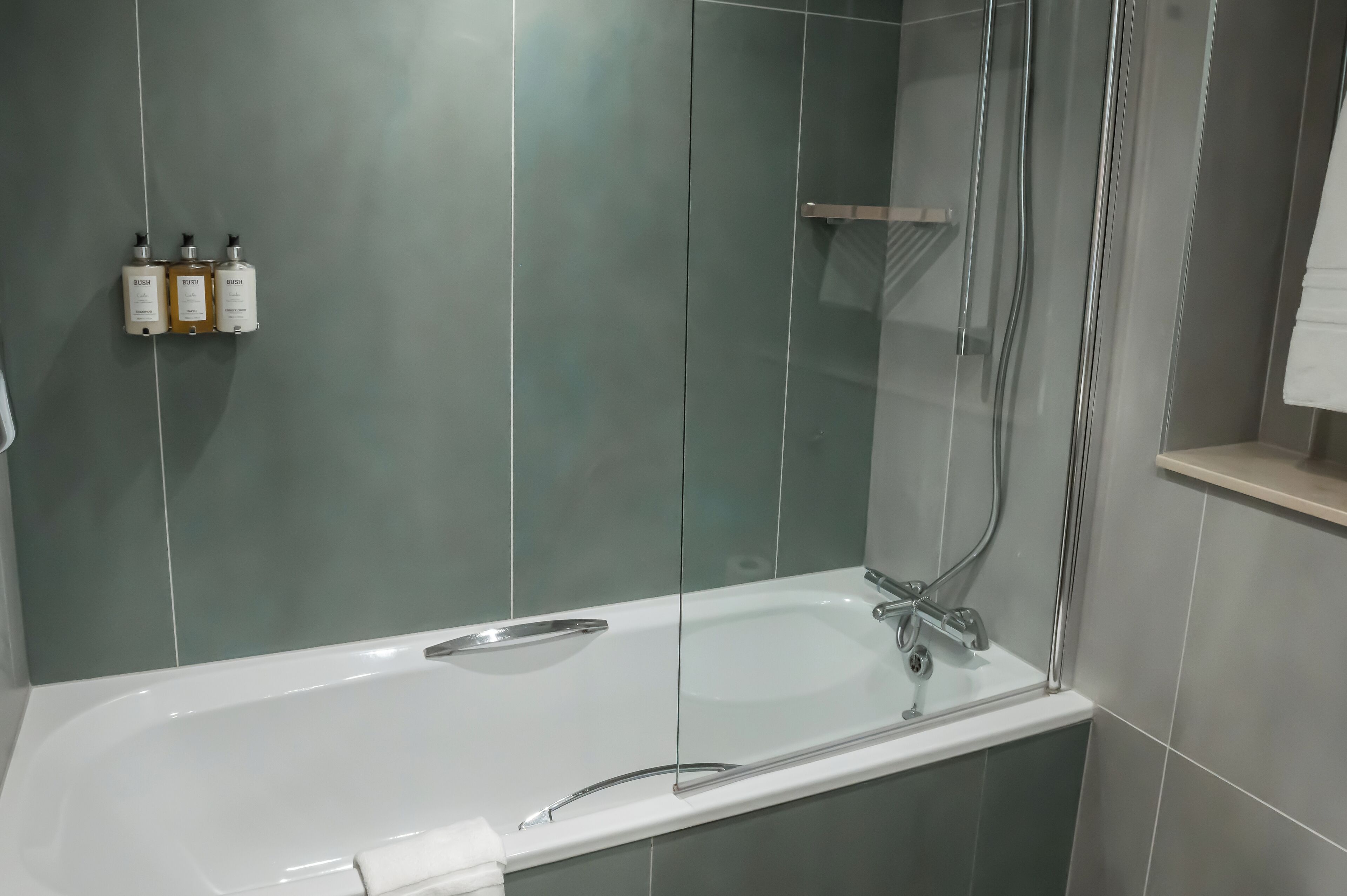 A modern bathroom with a glass-enclosed shower, a white bathtub, and three bottles of body wash on a wall-mounted rack.