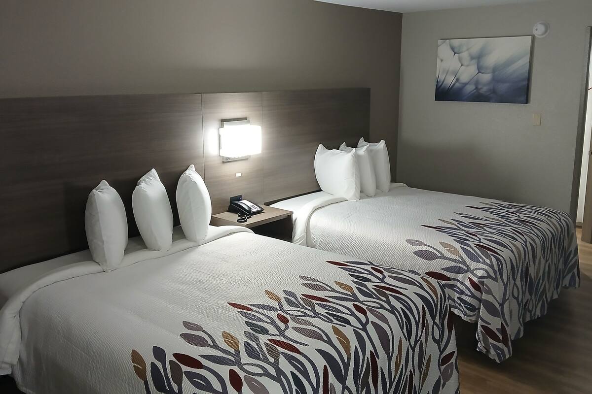 A hotel room with two beds, a nightstand with a phone, a wall-mounted light, and a painting on the wall.