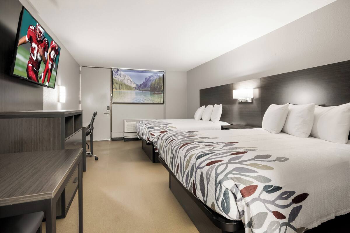 A hotel room with a bed, a desk, a TV, a window with a mountain view, and a wall-mounted lamp.