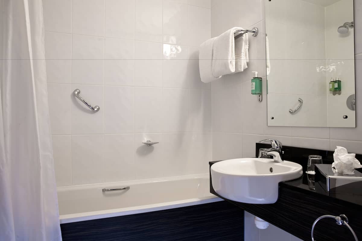 combined shower/bathtub, free toiletries, hair dryer, towels