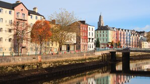A riverside view with a bridge, colorful buildings, and autumn trees. - Leonardo Hotel Cork (Cork)