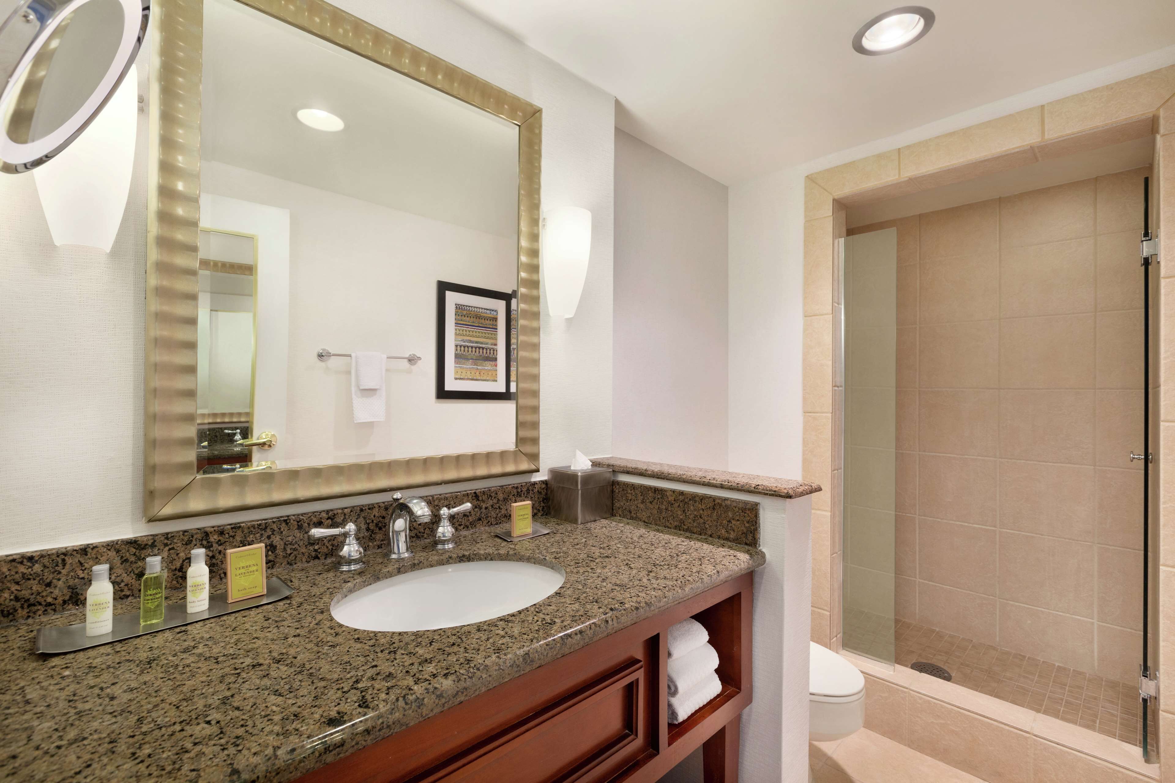 A hotel bathroom with a granite countertop sink, a large mirror, a framed picture, and a shower area.