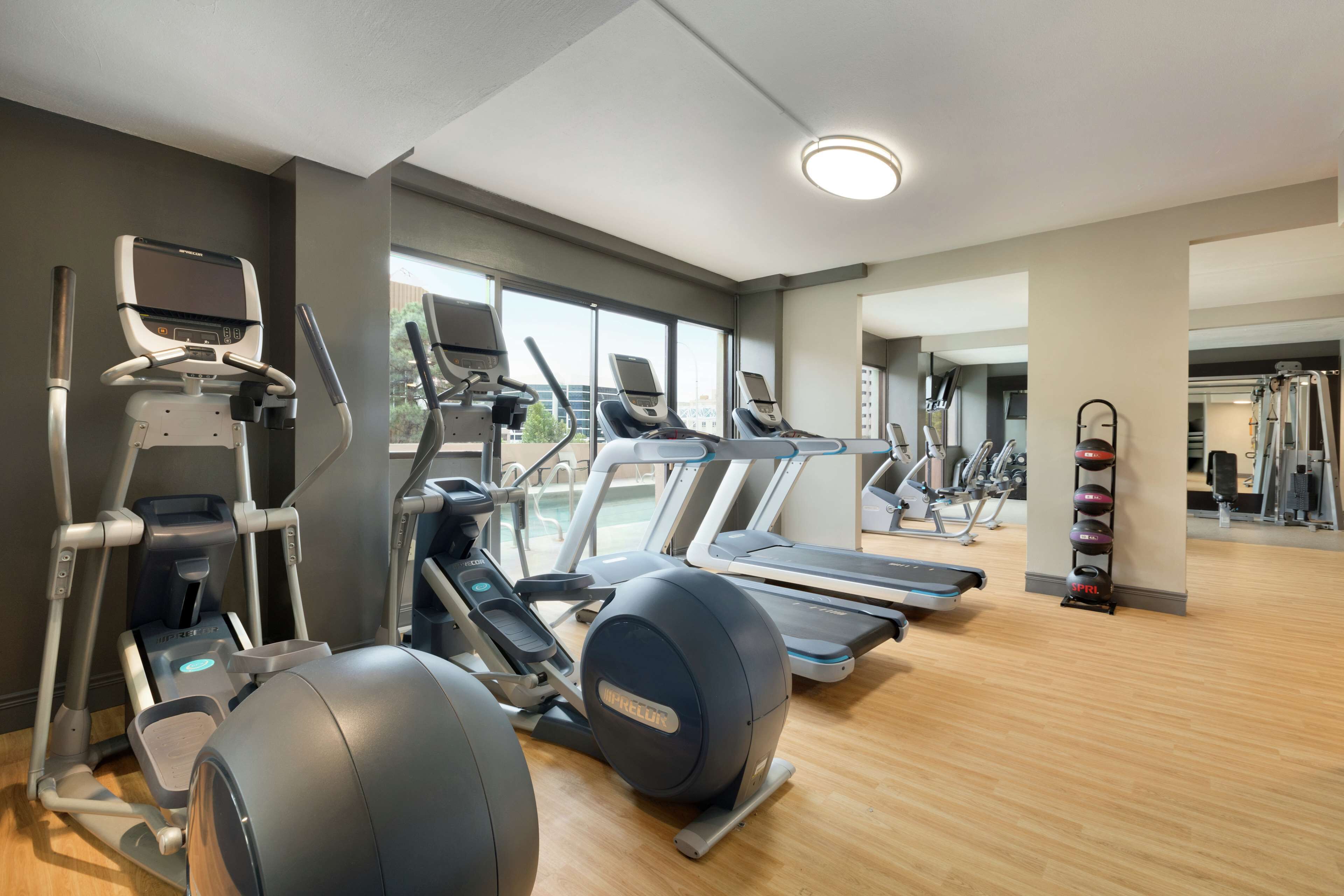 A gym with treadmills, elliptical machines, and exercise balls.
