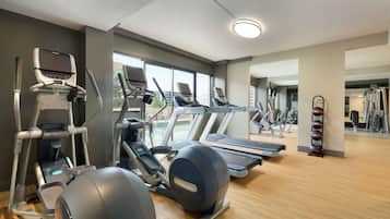 A gym with treadmills, elliptical machines, and exercise balls.