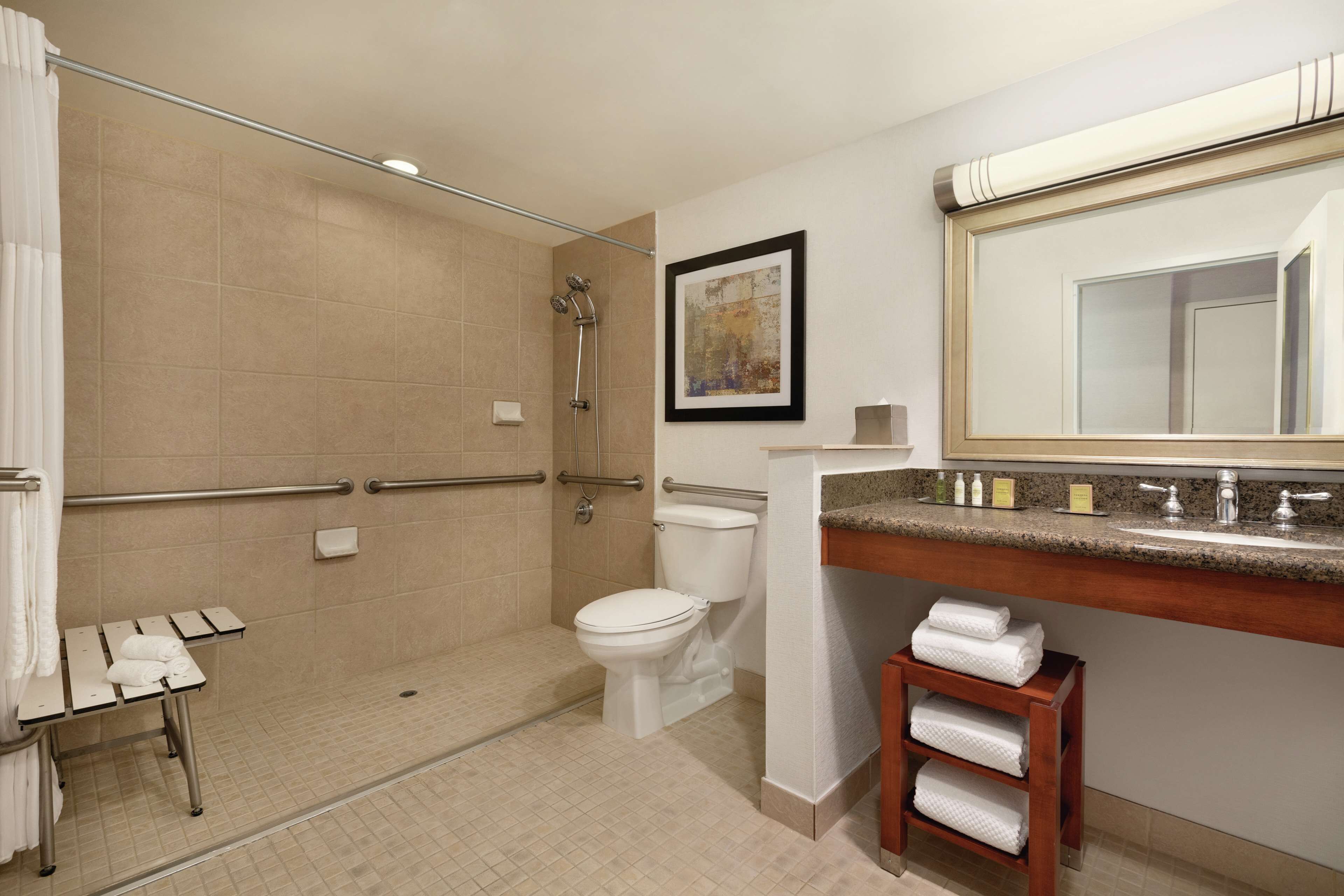 A bathroom with a shower, toilet, and vanity with a mirror.