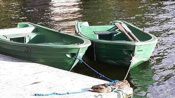 Two green boats tied to a dock.