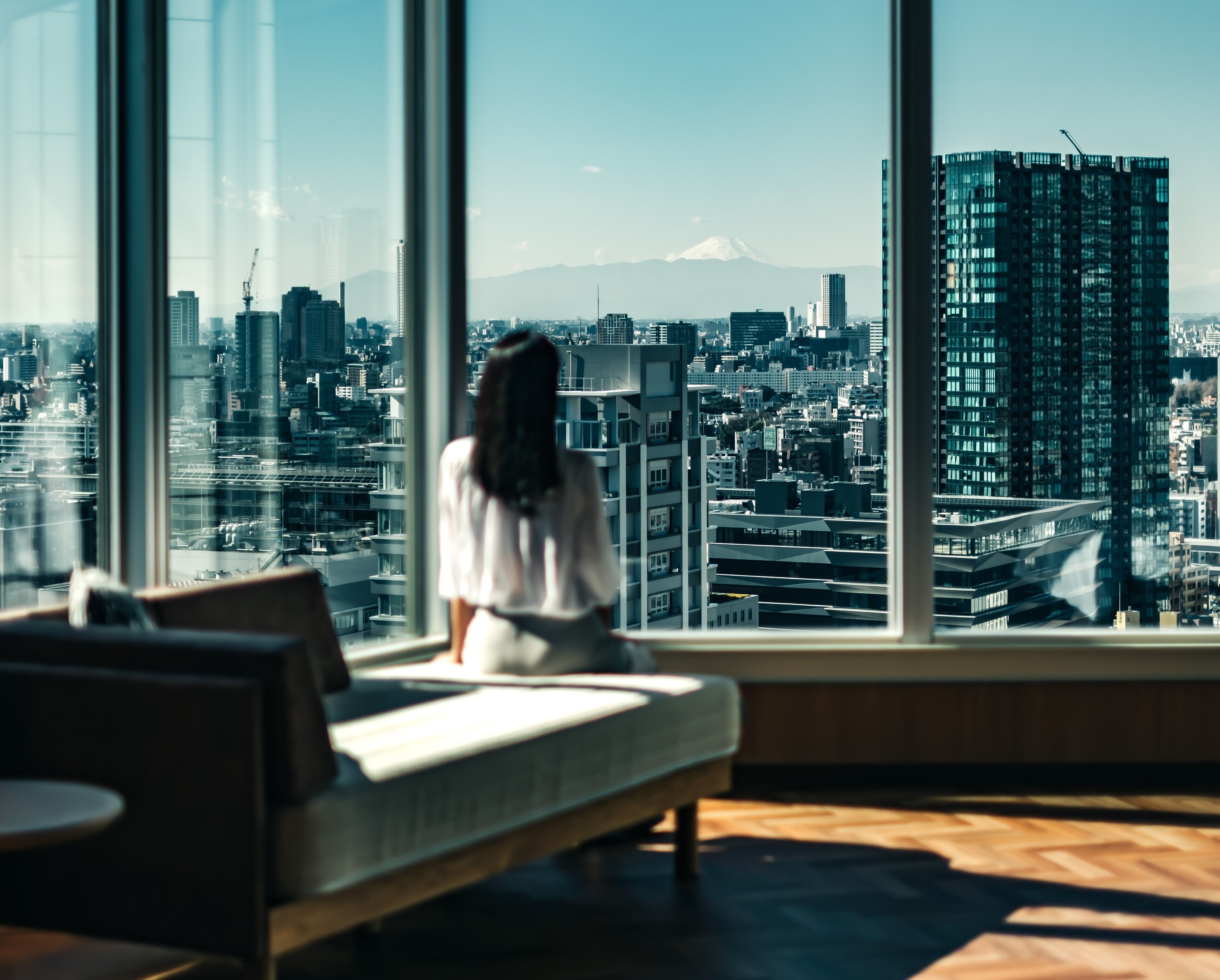 A person sitting by a large window overlooking a cityscape with modern buildings and a distant mountain.