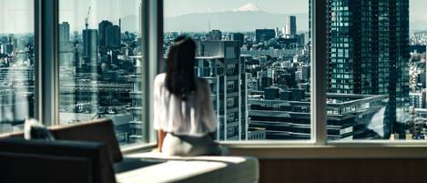 Una persona seduta vicino a una grande finestra con vista su un paesaggio urbano caratterizzato da edifici moderni e una montagna in lontananza.