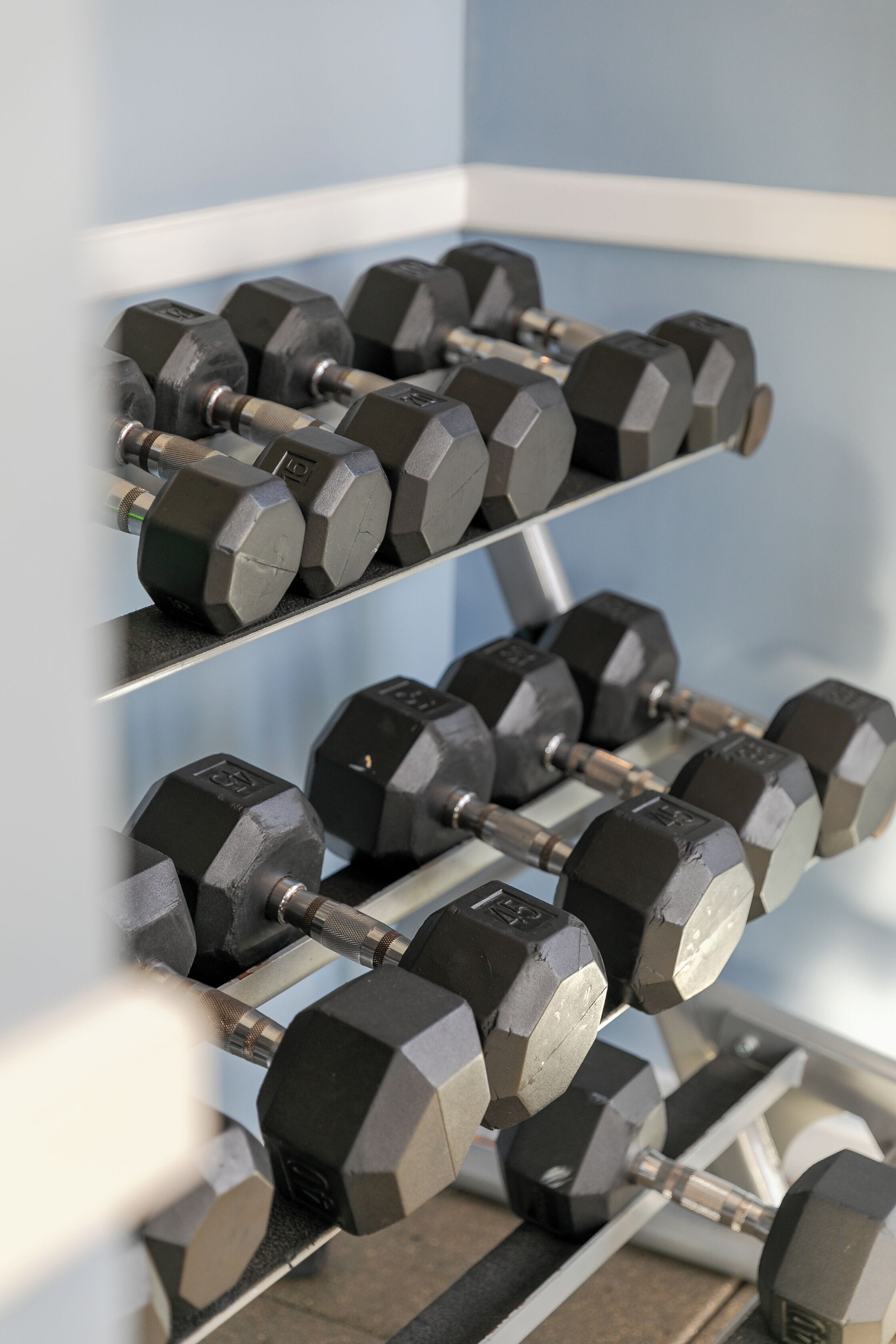 A rack of black hexagonal dumbbells with weight markings, arranged on shelves against a light blue wall.