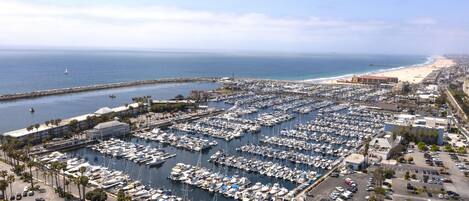 A marina with numerous boats docked, a beach in the background, and a cityscape along the coast.