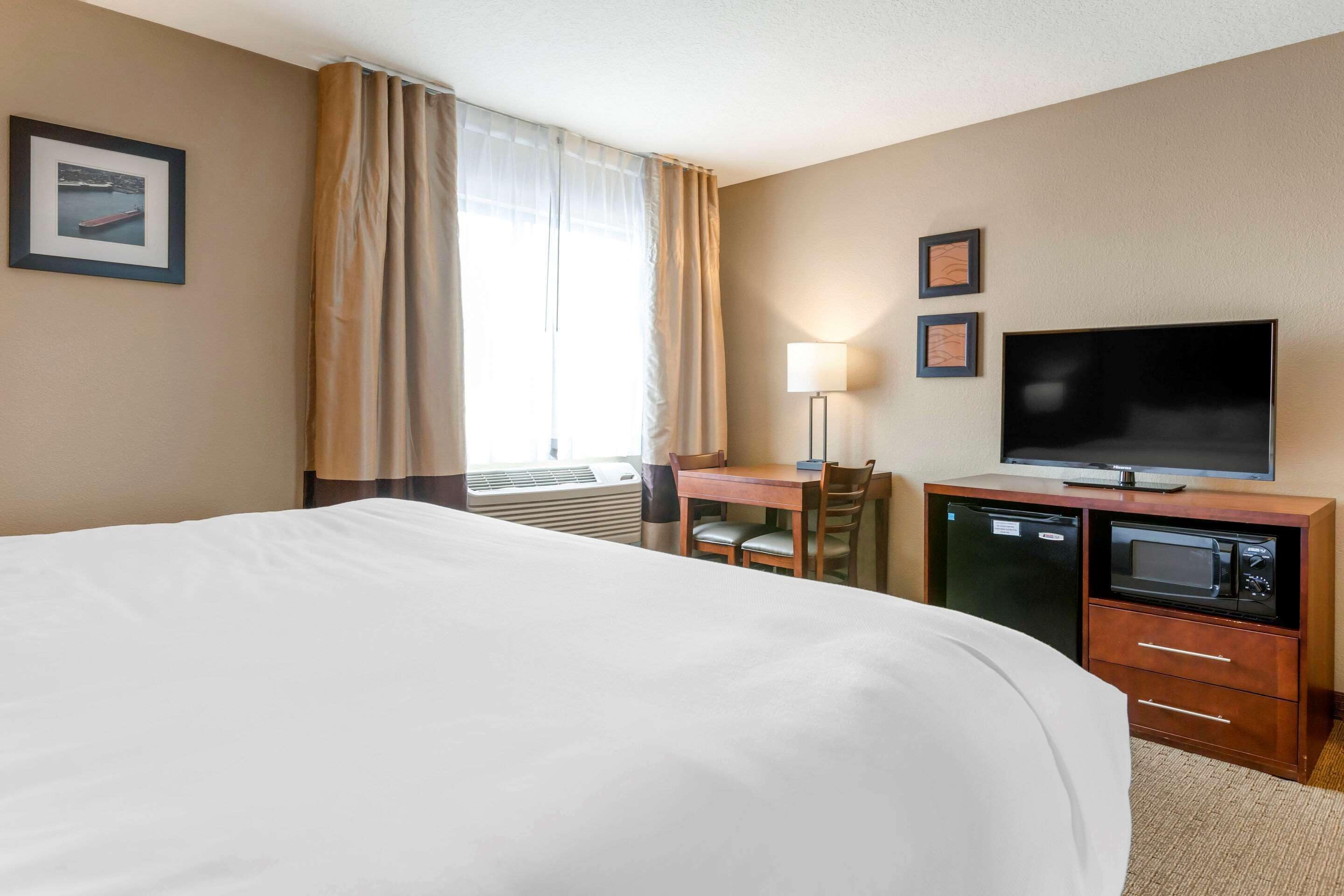 Une chambre d’hôtel avec un grand lit, un bureau avec une chaise, un téléviseur à écran plat et un four à micro-ondes.