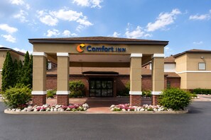 A Comfort Inn hotel entrance with a brick facade, a covered entrance area, and landscaped flower beds.