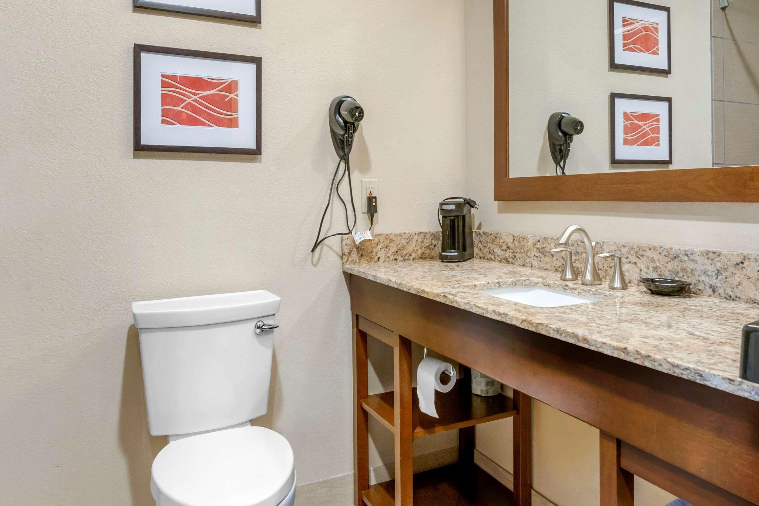 Une salle de bain avec des toilettes, un lavabo et un miroir.