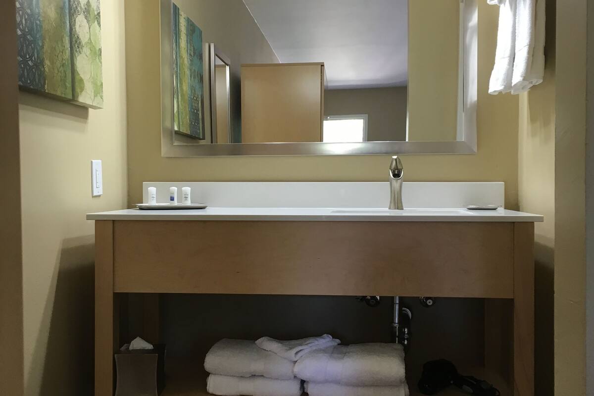 shower, designer toiletries, hair dryer, towels