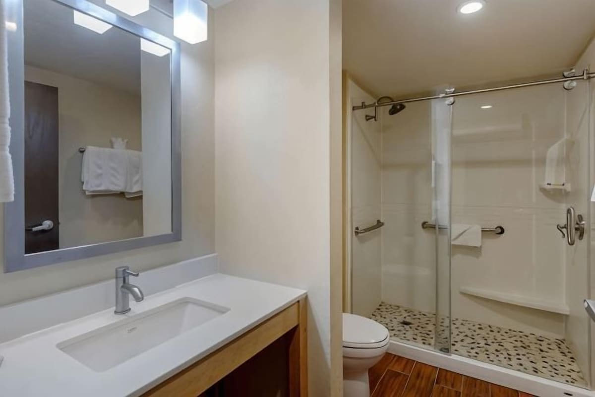 A bathroom with a sink, mirror, shower, and toilet.