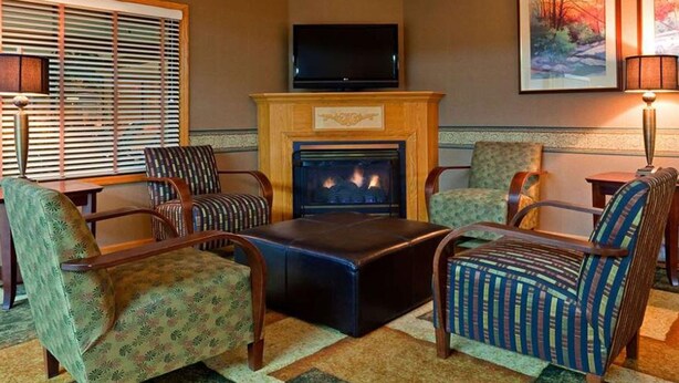 A cozy living room with a fireplace, comfortable seating, and a television. - Blue Way Inn Eagan Extended Stay Minneapolis Airport Eagan North MN (Eagan)