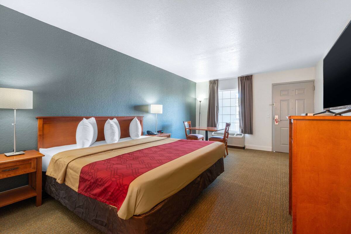 A hotel room with a large bed, a desk, a chair, a TV, and a window with curtains.