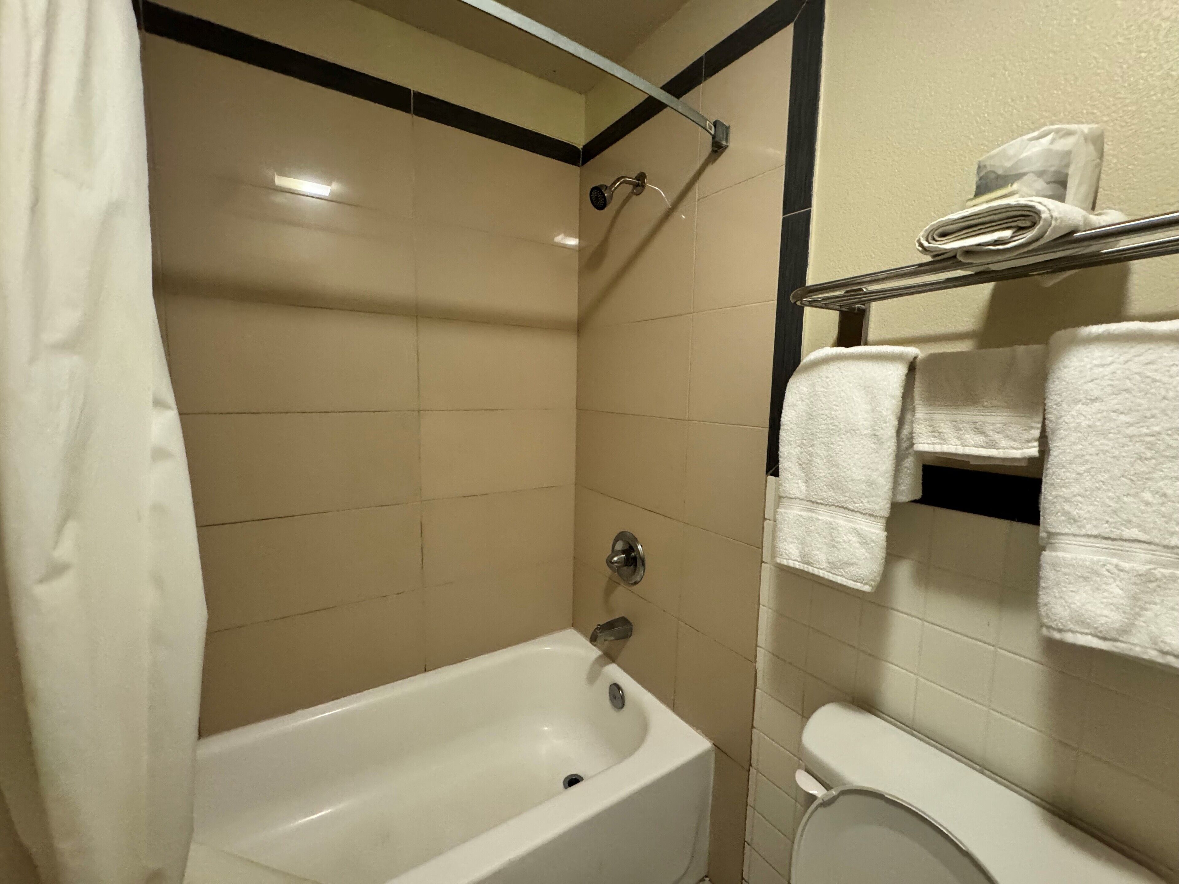 Ein Badezimmer mit Badewanne, Dusche und Toilette. Handtücher befinden sich an einem Handtuchhalter.