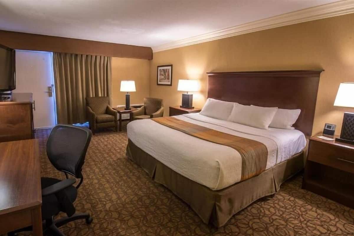 Premium bedding, pillow-top beds, desk, laptop workspace