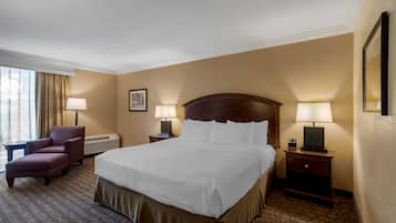 Premium bedding, pillow-top beds, desk, laptop workspace