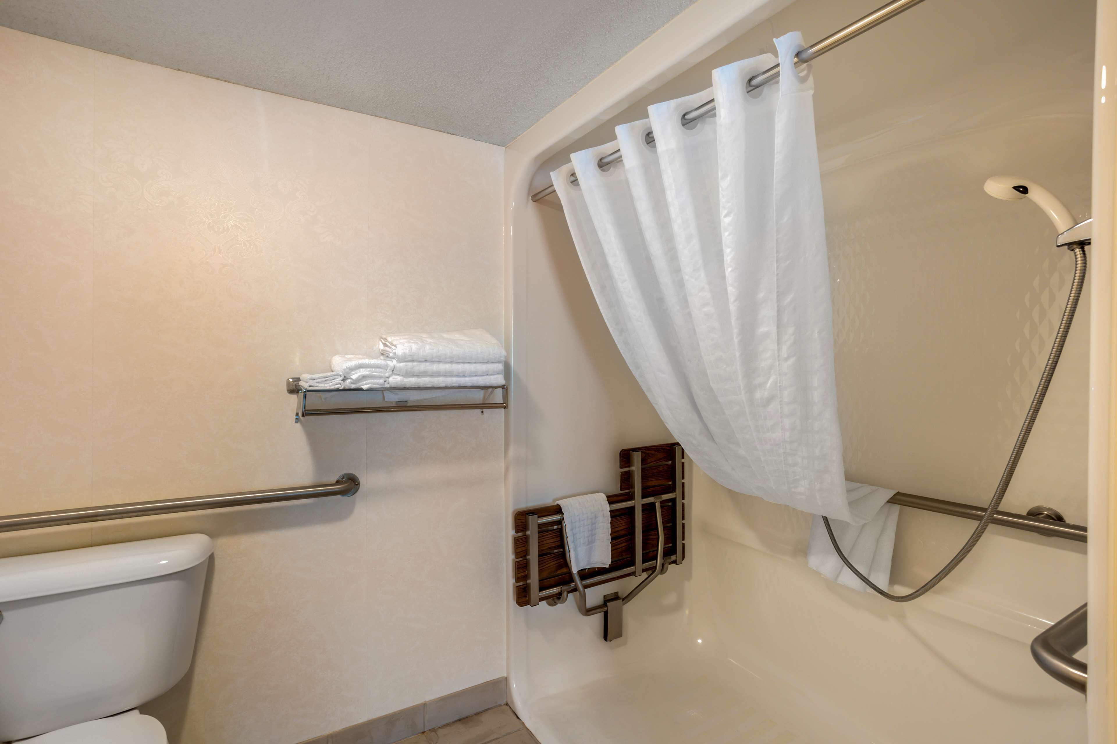 Un baño con inodoro, ducha con cortina y barra para toallas.