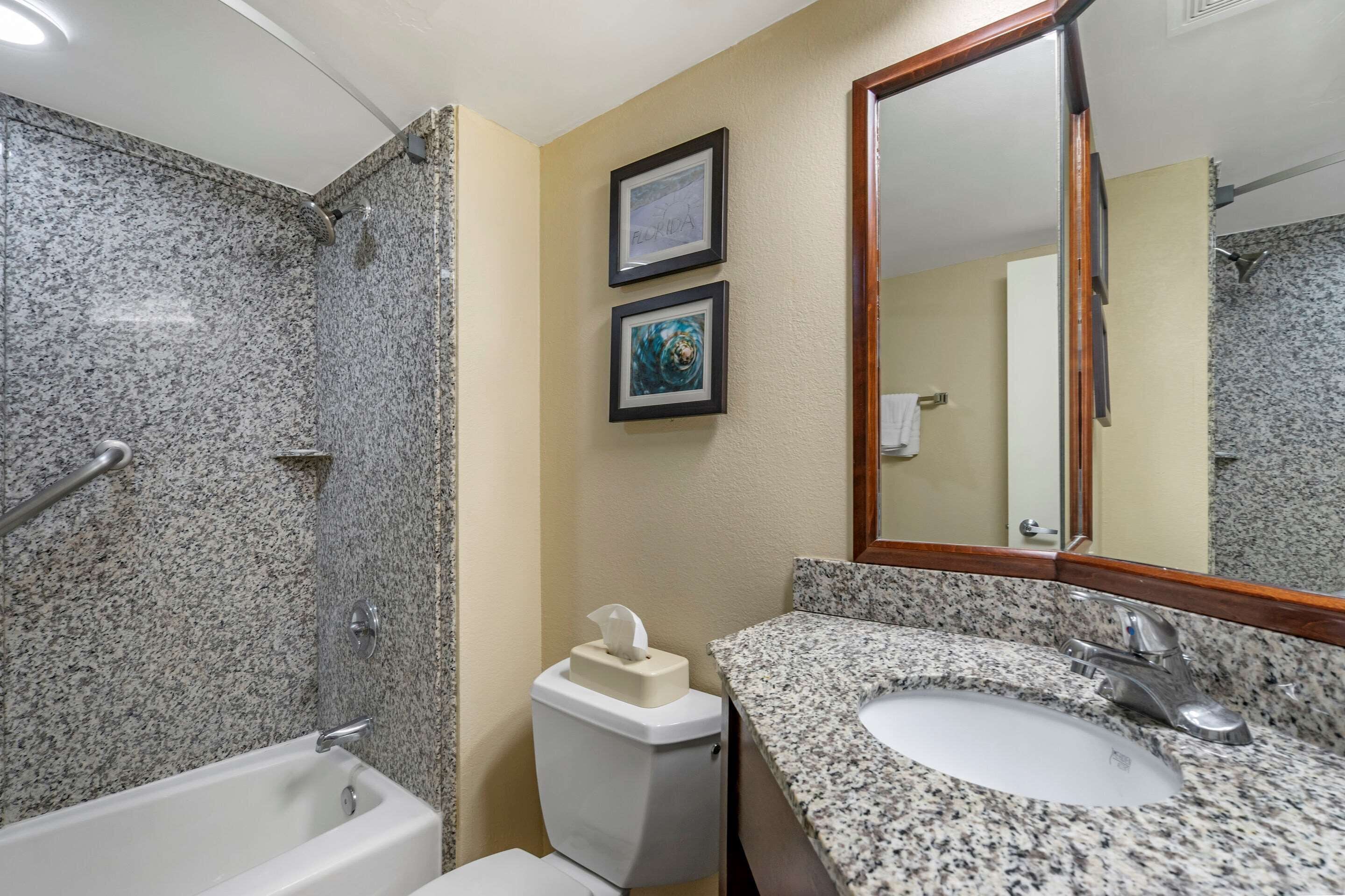 combined shower/bathtub, free toiletries, hair dryer, towels