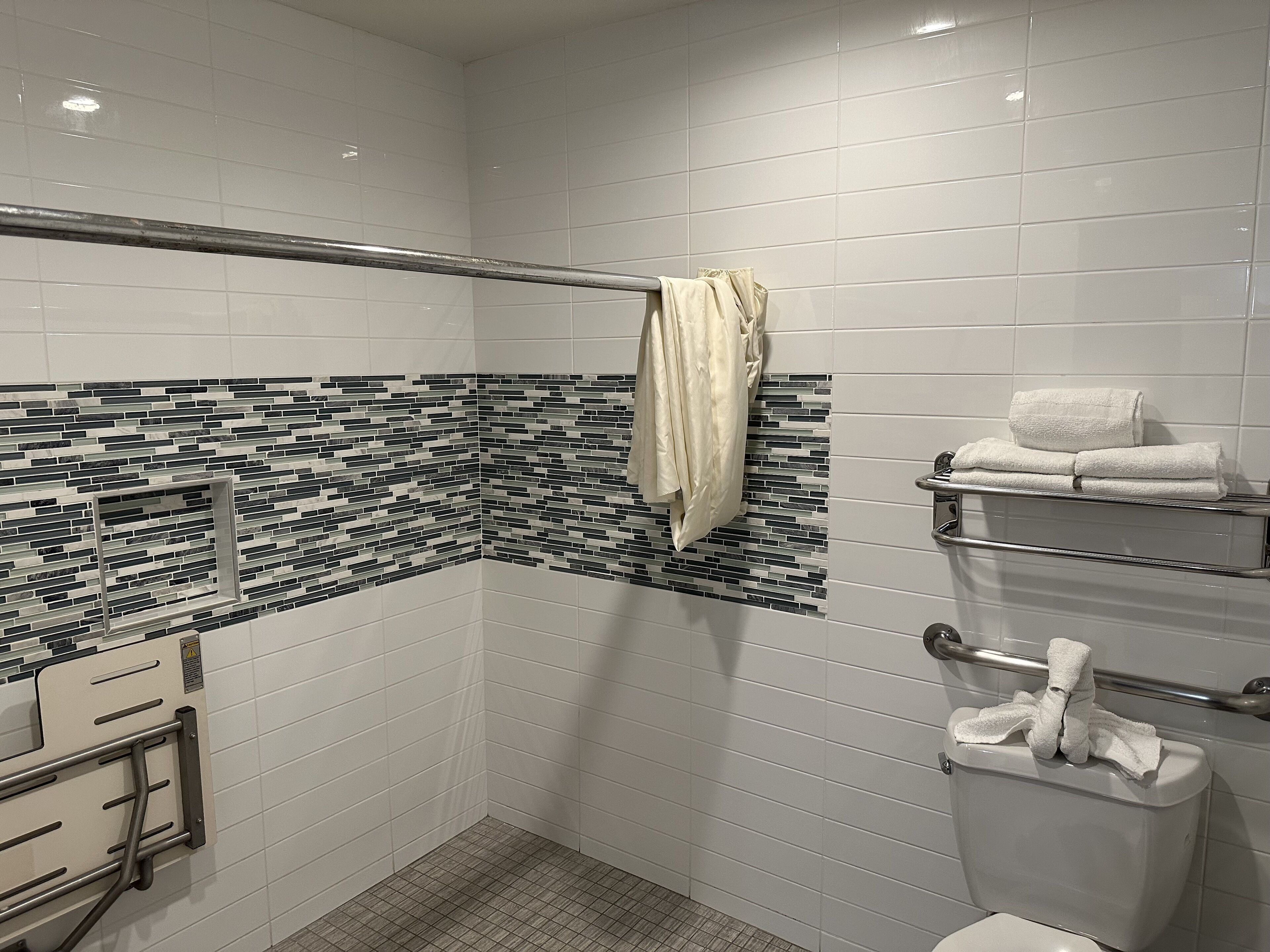 Une salle de bain moderne avec une zone de douche carrelée, une paroi de douche en verre et des toilettes dotées d’un porte-serviettes.