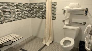 Une salle de bain équipée d’une douche, de toilettes, de barres d’appui et d’un porte-serviettes.