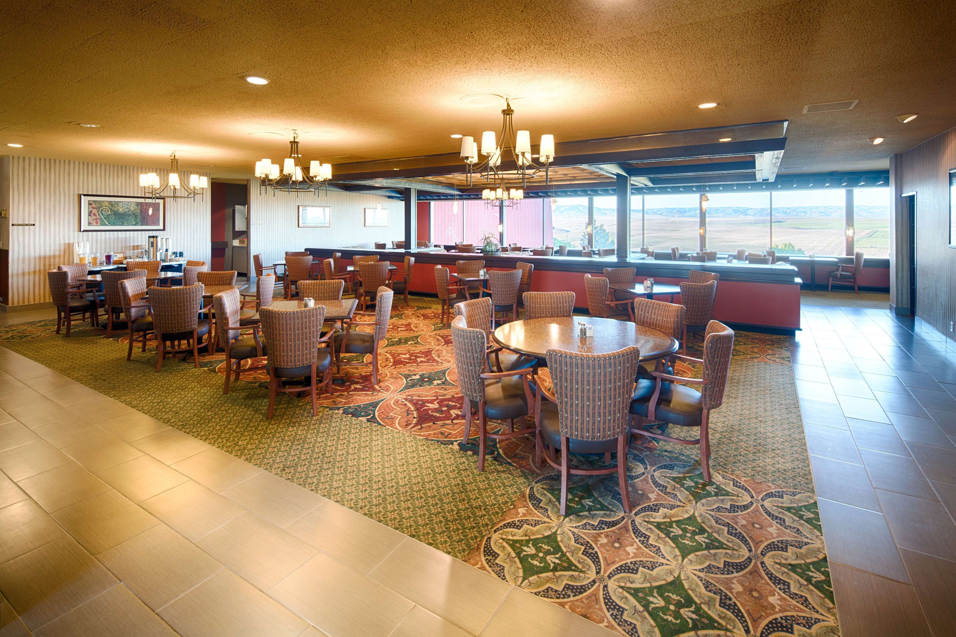A spacious dining area with multiple round tables and chairs, a patterned carpet, and large windows offering a view of the landscape.