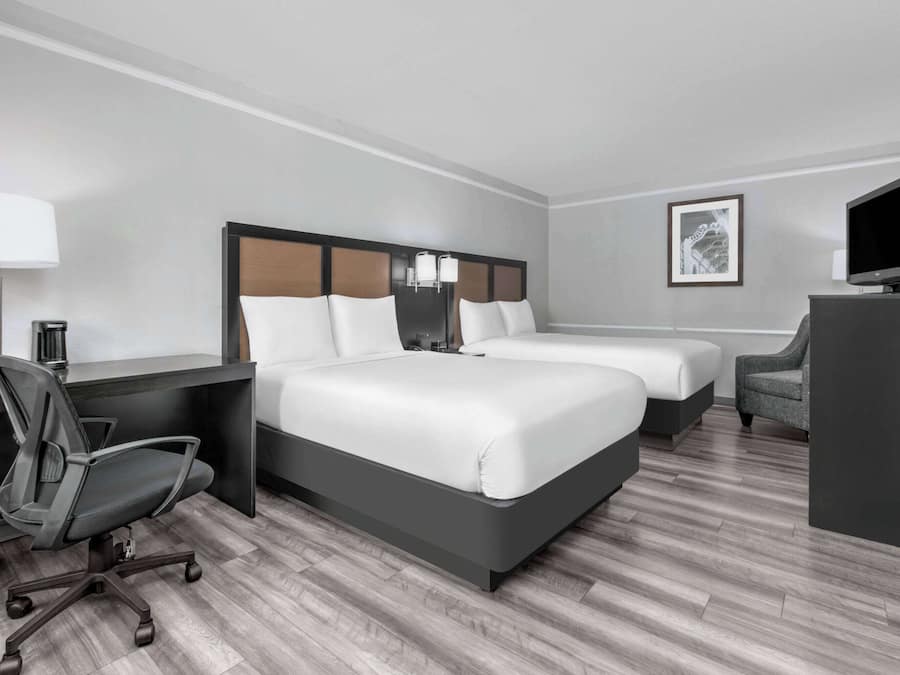 Room, 2 Double Beds, Accessible, Non Smoking (Mobility/Hearing Impaired Accessible) | Pillowtop beds, desk, blackout drapes, iron/ironing board