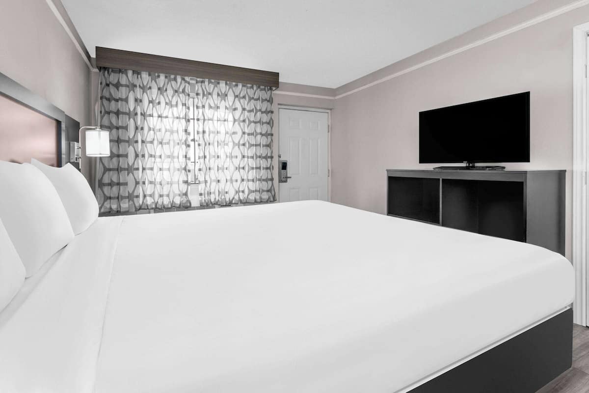 A modern hotel room with a large bed, a flat-screen TV on a stand, a bedside table, and a patterned curtain.