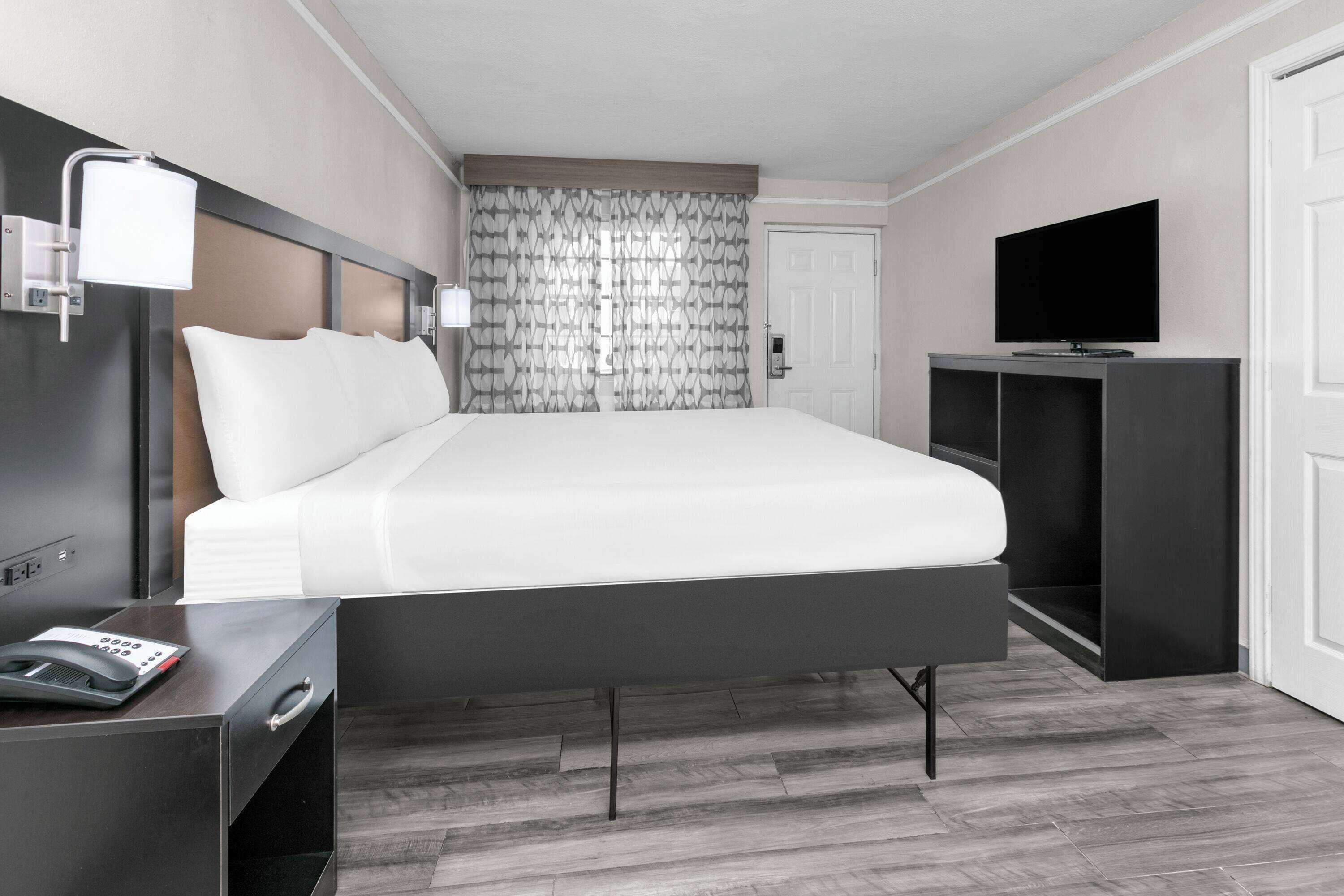 A modern hotel room with a large bed, a bedside table with a phone, a flat-screen TV on a stand, and a curtain with a leaf pattern.