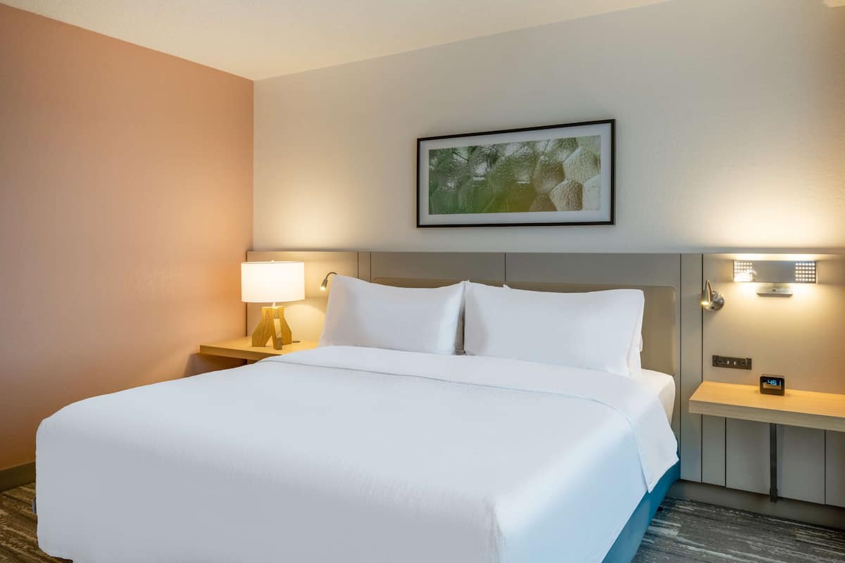 A hotel room with a large bed, a nightstand with a lamp, a wall-mounted artwork, and a bedside table with a clock.