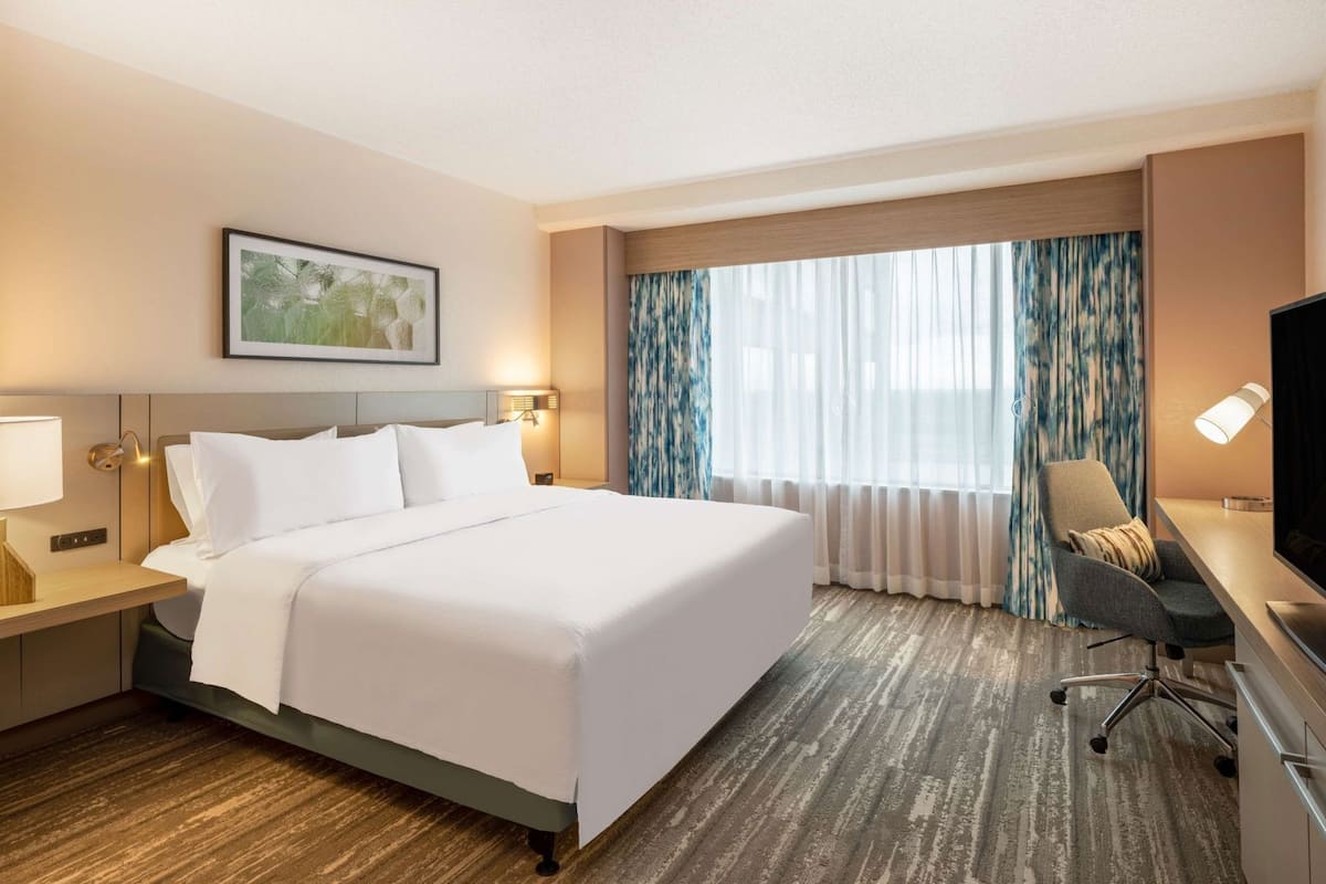 A hotel room with a bed, a desk, a chair, a television, and a window with curtains.