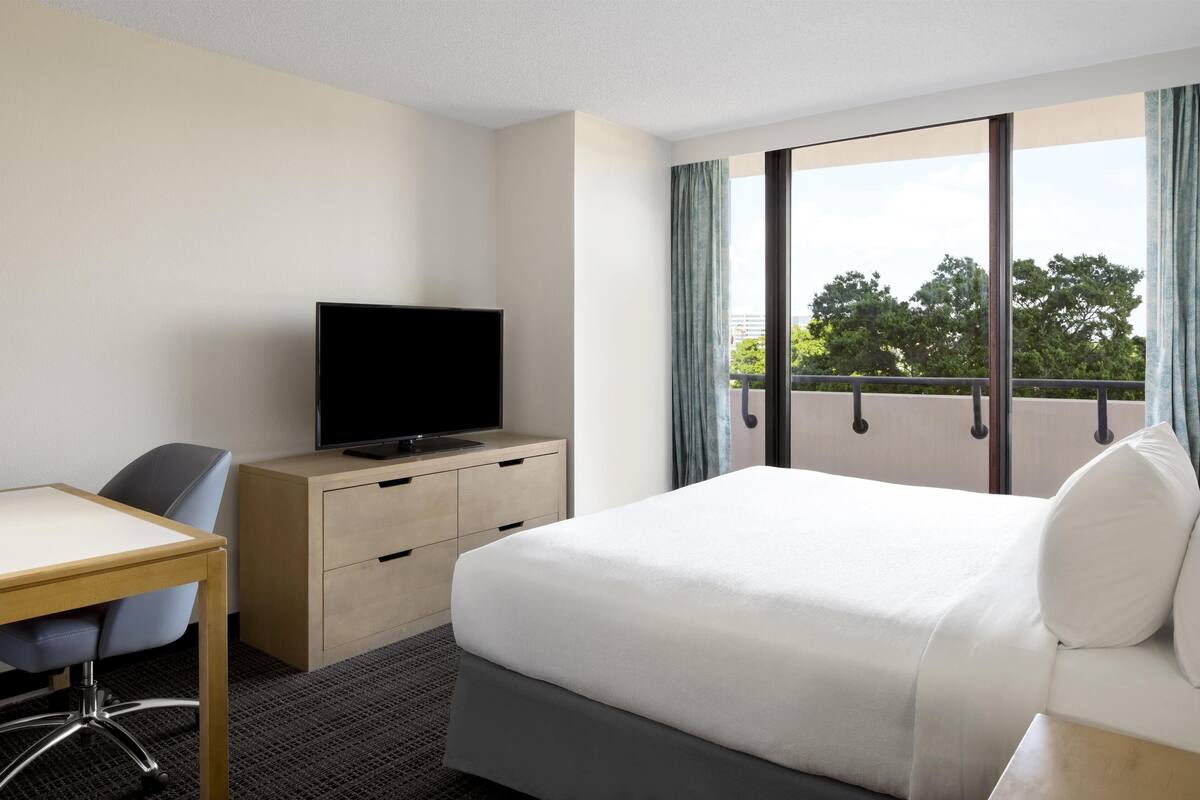 A hotel room with a bed, a desk, a television, and a window with a view of trees.
