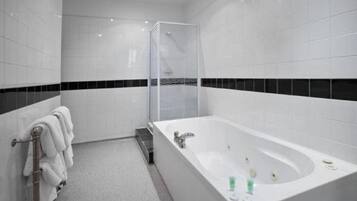 Shower, hair dryer, towels