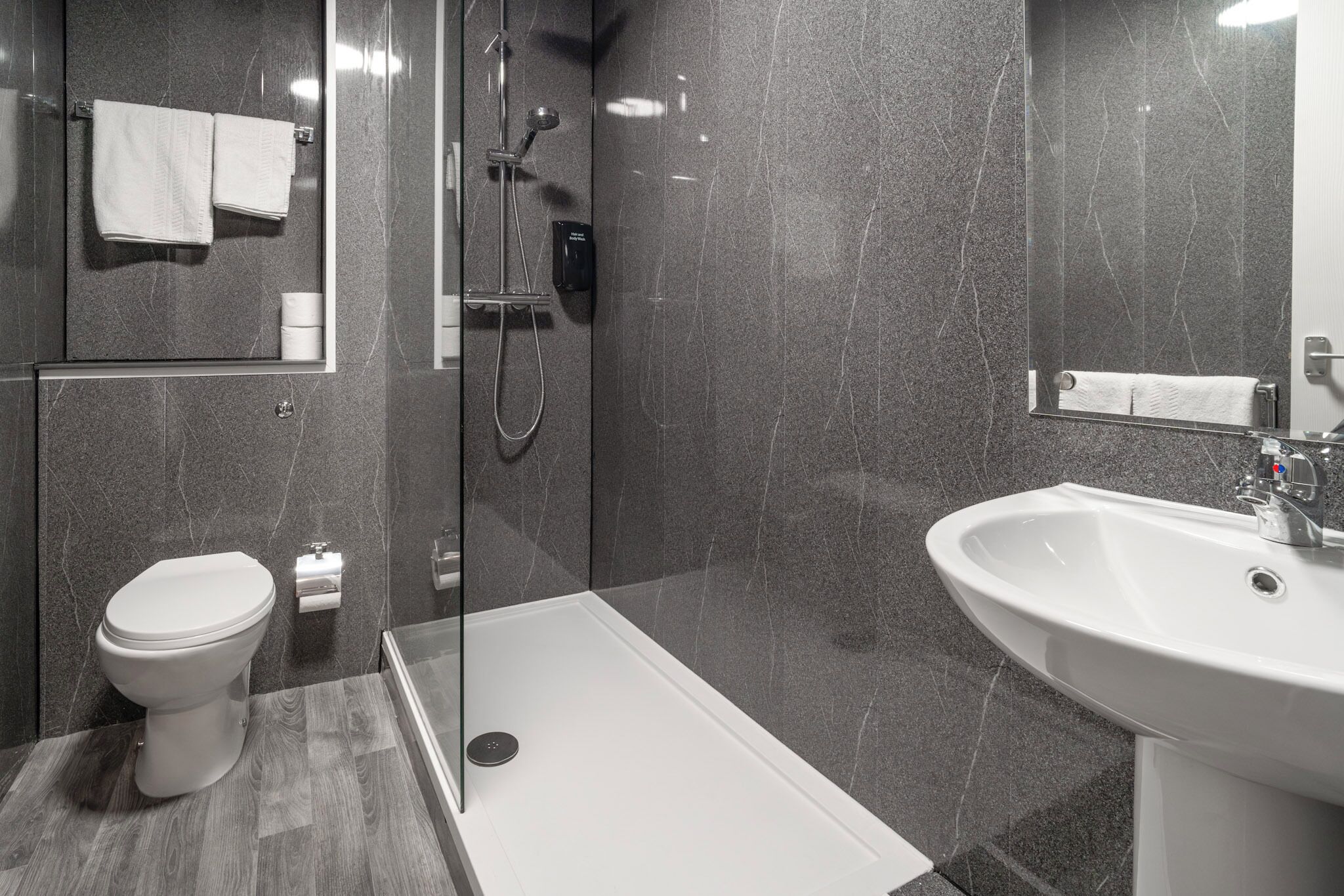 Shower, hair dryer, towels