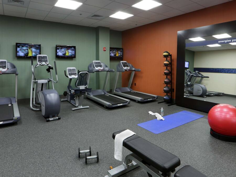 A gym with treadmills, elliptical machines, a bench, dumbbells, a yoga mat, and exercise balls.