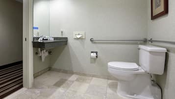 A bathroom with a toilet, a sink with a towel dispenser, and a handrail.
