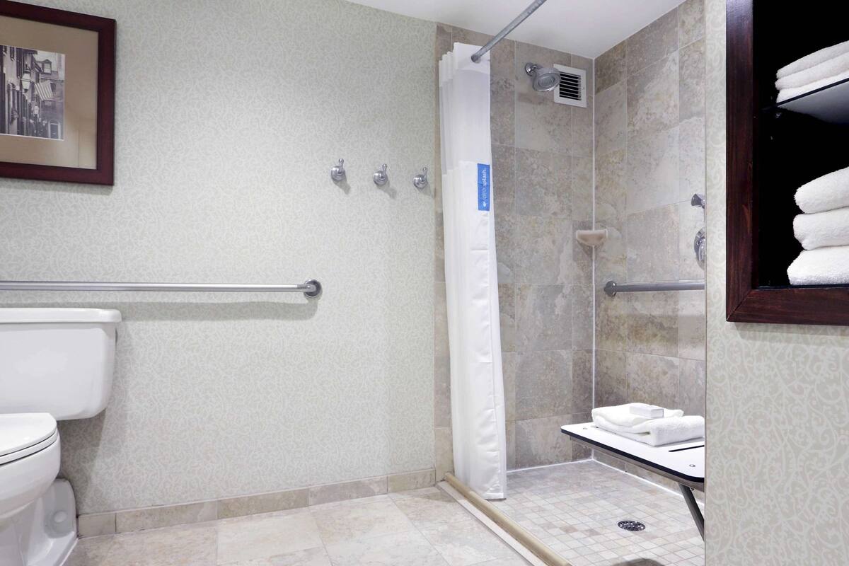 A bathroom with a shower, toilet, and towel rack.