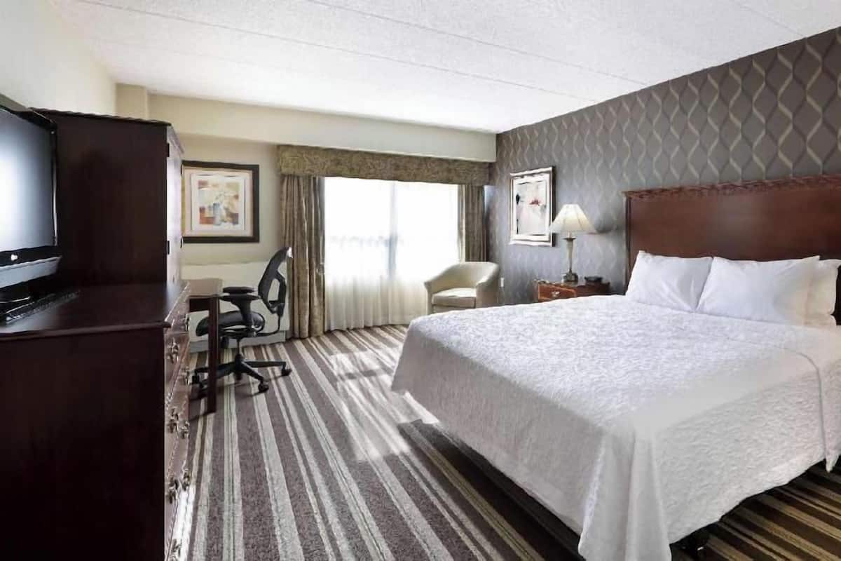 A hotel room with a large bed, a desk with a chair, a television, and a lamp.